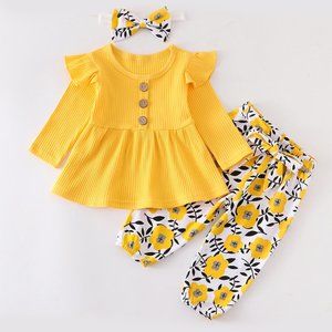 Mustard floral & bow 3 pieces ruffle baby set